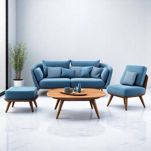 Modern Blue Fabric Sofa Set with Wooden Legs