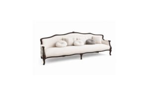 Vintage Manor Sofa – ivory upholstered 3-seater with hand-carved dark walnut wood frame and floral jacquard accent panel