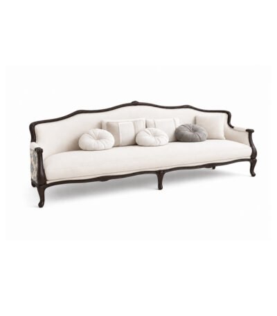 Vintage Manor Sofa – ivory upholstered 3-seater with hand-carved dark walnut wood frame and floral jacquard accent panel