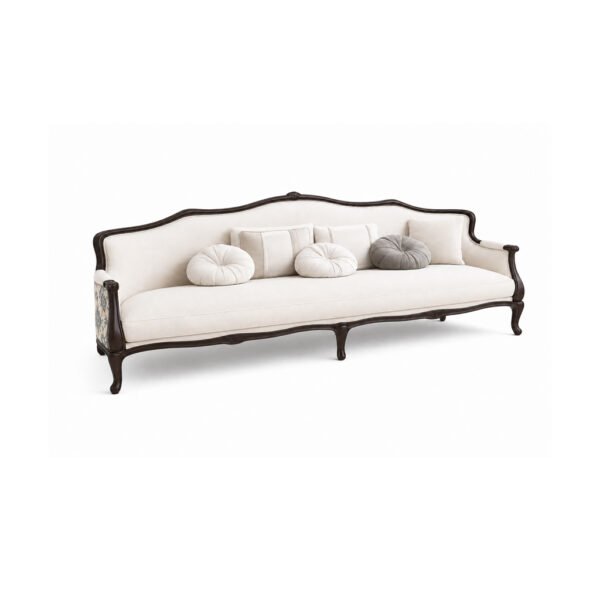 Vintage Manor Sofa – ivory upholstered 3-seater with hand-carved dark walnut wood frame and floral jacquard accent panel