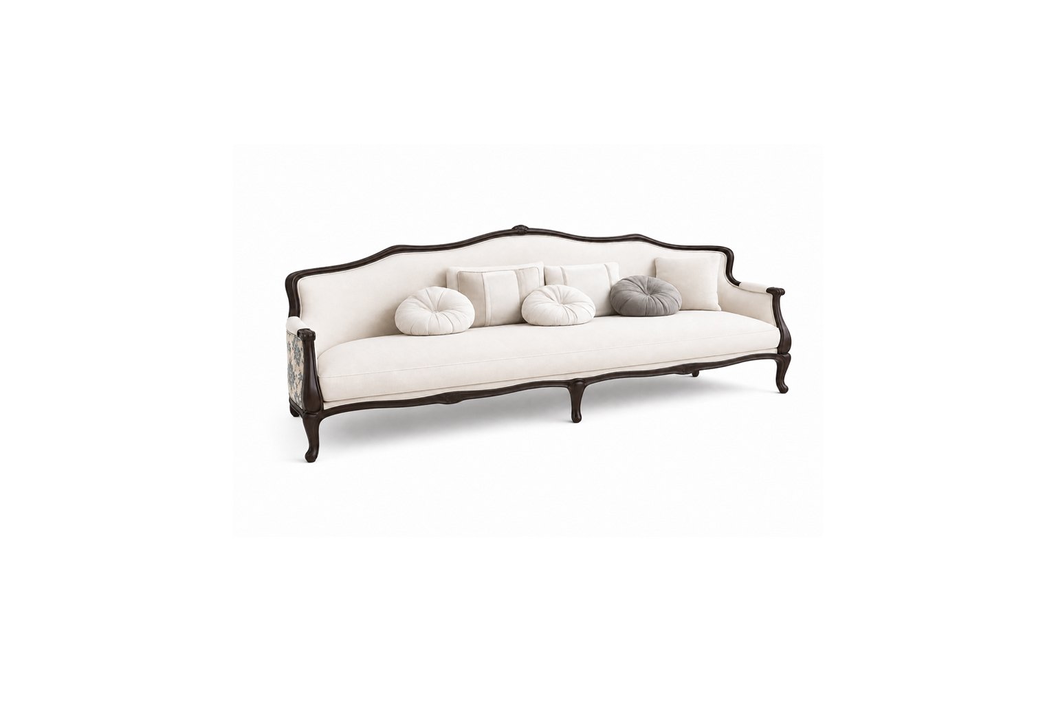 Vintage Manor Sofa – ivory upholstered 3-seater with hand-carved dark walnut wood frame and floral jacquard accent panel Vintage Manor Sofa – ivory upholstered 3-seater with hand-carved dark walnut wood frame and floral jacquard accent panel