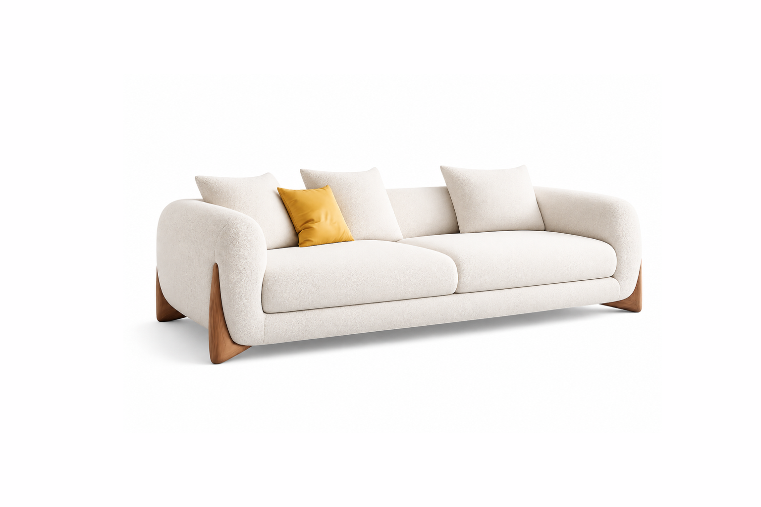 SoftArc Comfort Sofa - Wooden Base Boucle Sofa | TakshHomes boucle sofa with wooden legs - SoftArc Comfort Sofa
