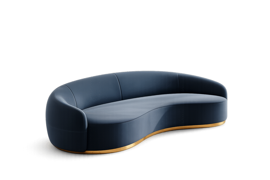 WaveLuxe Designer navy blue leather curved sofa with gold base – Taksh Homes