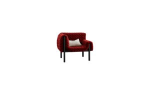 Ruby red quilted velvet accent chair with exposed black metal frame and cream lumbar cushion