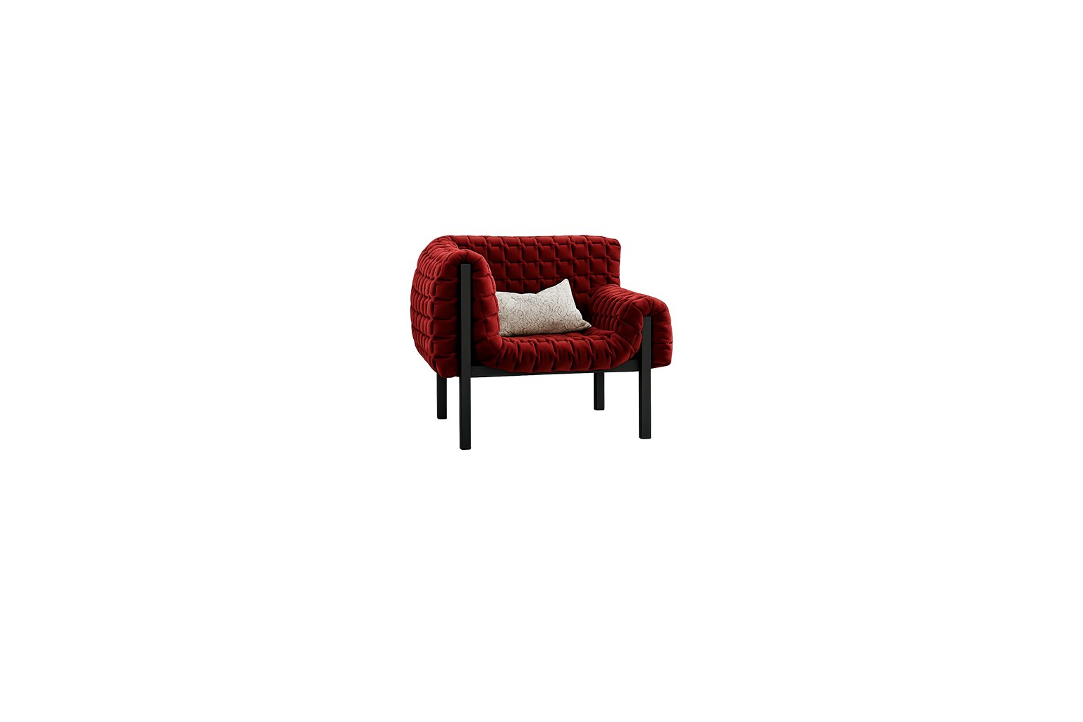 Ruby Frame Chair – Ruby Red Quilted Velvet Accent Chair with Black Metal Frame Ruby red quilted velvet accent chair with exposed black metal frame and cream lumbar cushion